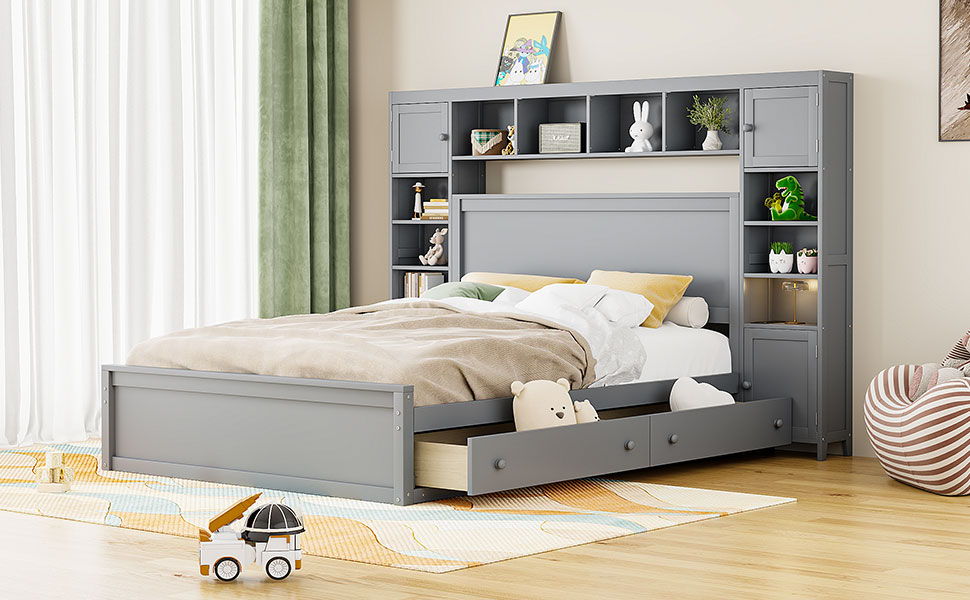 Queen Size Bed With All In One Cabinet, Shelf And Sockets - Gray