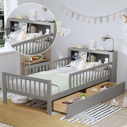 Twin Size Bed With Headboard Storage Rack, 2 Under Bed Drawers, 3 - Side Guardrails For Safety And Security - Gray
