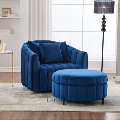 Oversized Swivel Barrel Accent Chair And Ottoman Set With Storage - Navy