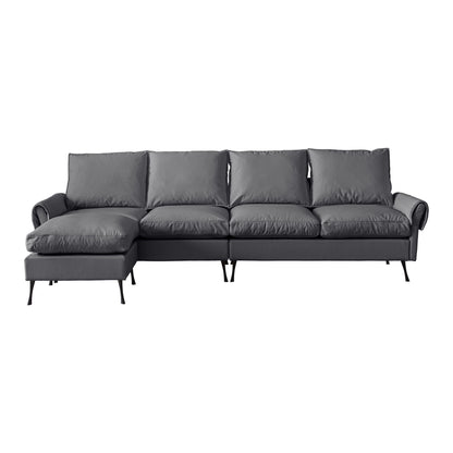 Modern Sectional Technical Leather L-Shaped Sofa Couch With Convertible Ottoman - Dark Gray