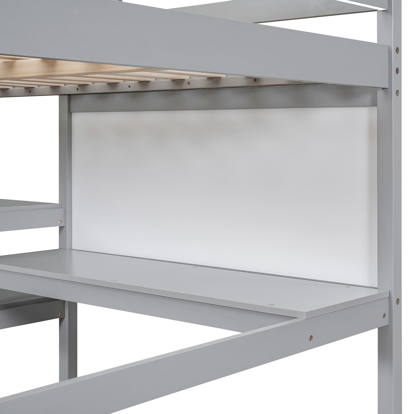 Full Size Loft Bed With Shelves, Desk And Writing Board - Gray
