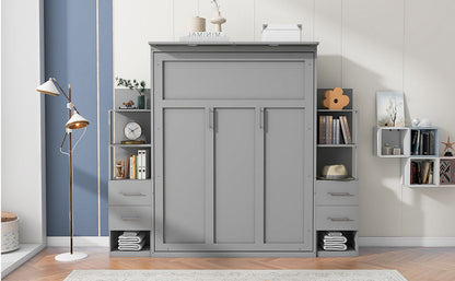 Queen Size Murphy Wall Bed With Shelves, Drawers And LED Lights - Gray