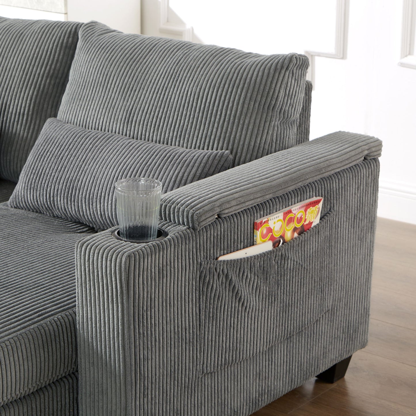 Convertible Chaise Lounge Sofa Chair Corduroy Sleeper With USB Ports, Cup Holders, Storage - Gray