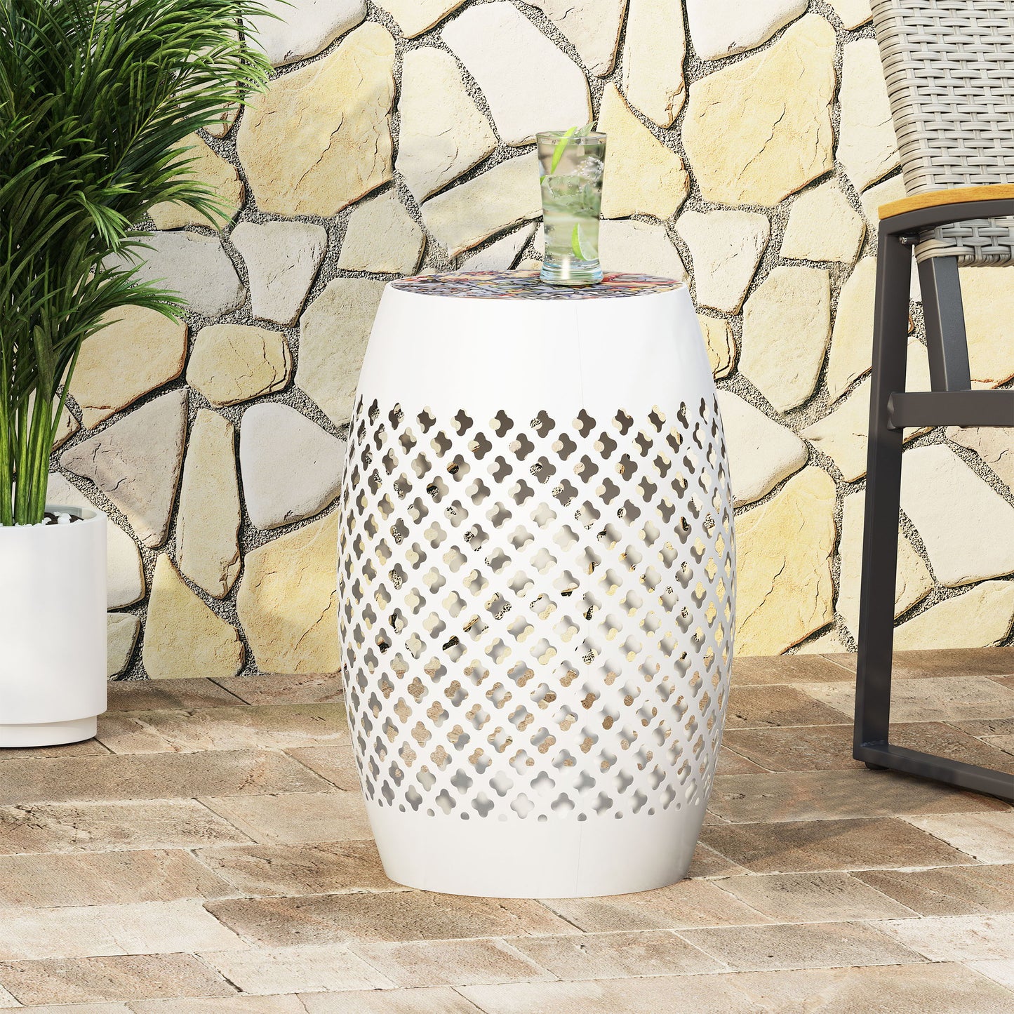 Transitional Roswell - Side Table With Tile Mosaic Top And Lace Cut Metal Frame - White