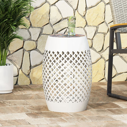 Transitional Roswell - Side Table With Tile Mosaic Top And Lace Cut Metal Frame - White
