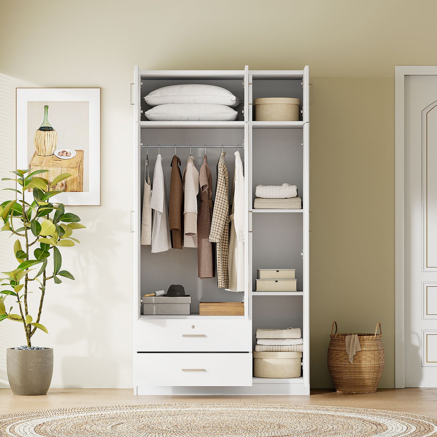 Modern 3 Door Mirror Wardrobe With 2 Drawers And Top Cabinet - White