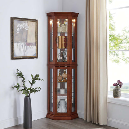 Corner Curio Cabinet With Lights, Adjustable Tempered Glass Shelves, Mirrored Back, Display Cabinet (E26 Light Bulb Not Included) - Light Walnut