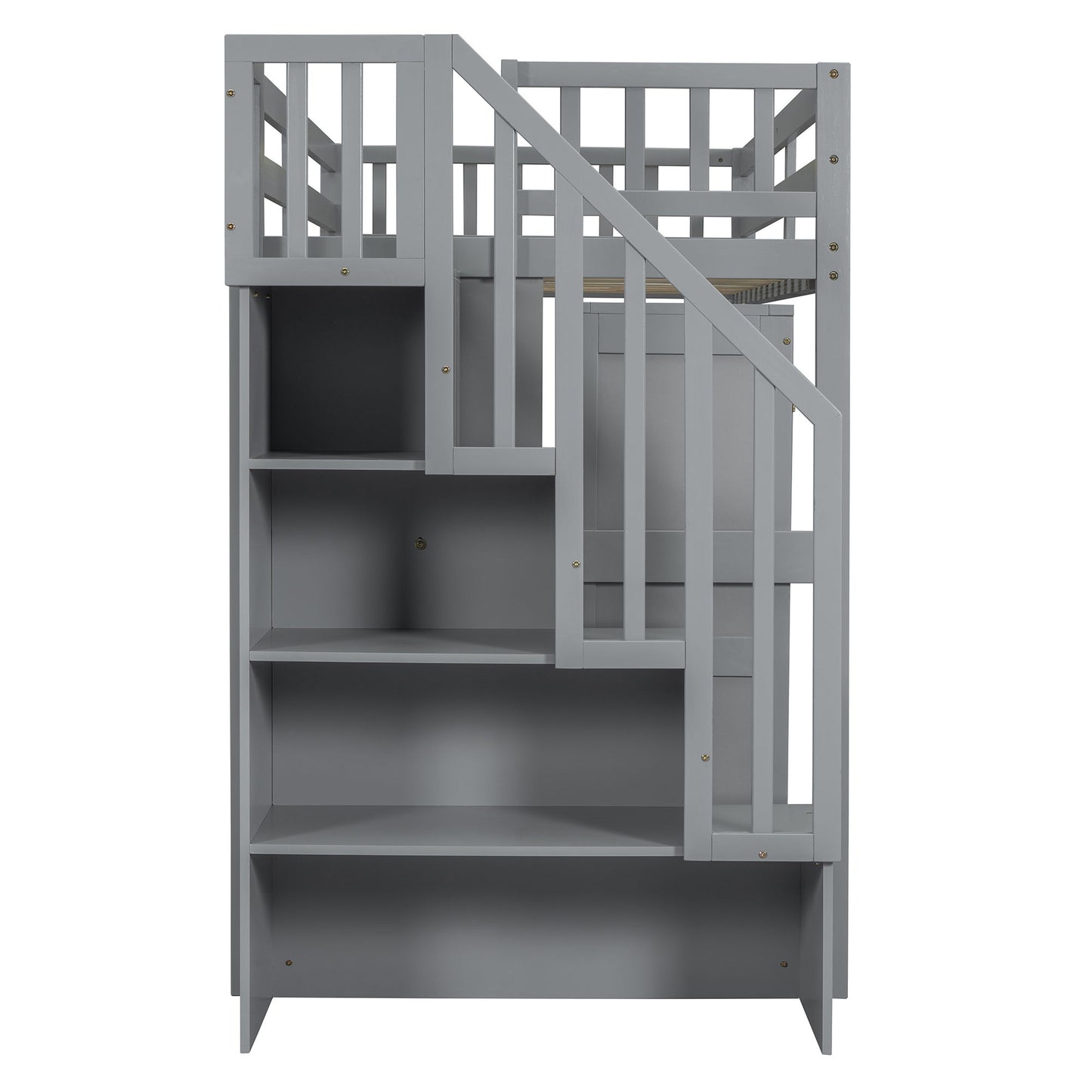 Twin Size Loft Bed With Stairs, Bookshelf, Drawers, Desk & Wardrobe, Space Saving Multifunctional Furniture - Gray