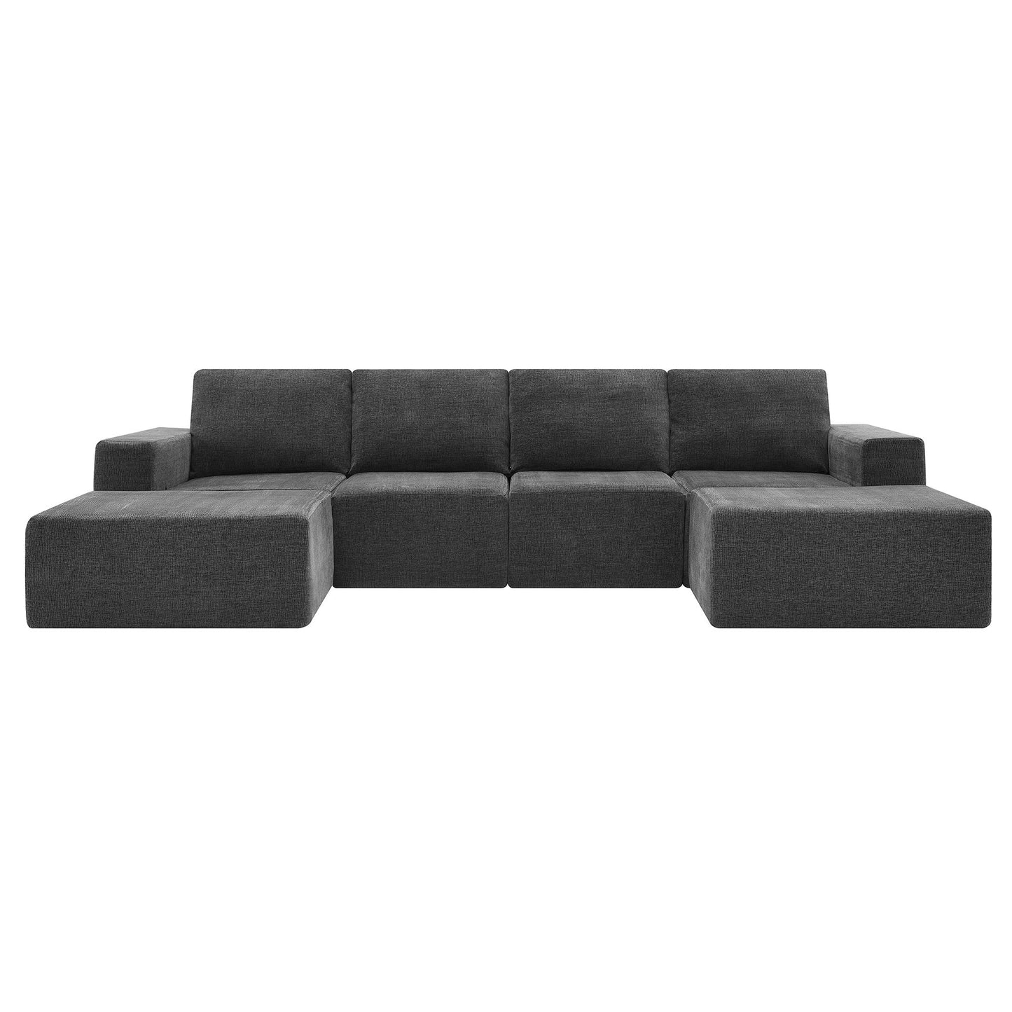 Modular U Shaped Sectional With Ottomans, Luxury Cloud Floor Couch With Deep Seat Fully Compressed Upholstered Sofa - Dark Gray
