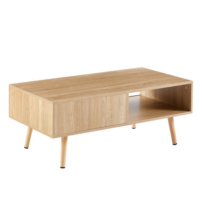 41.34" Rattan Coffee Table, Sliding Door For Storage, Solid Wood Legs, Modern Table For Living Room - Natural
