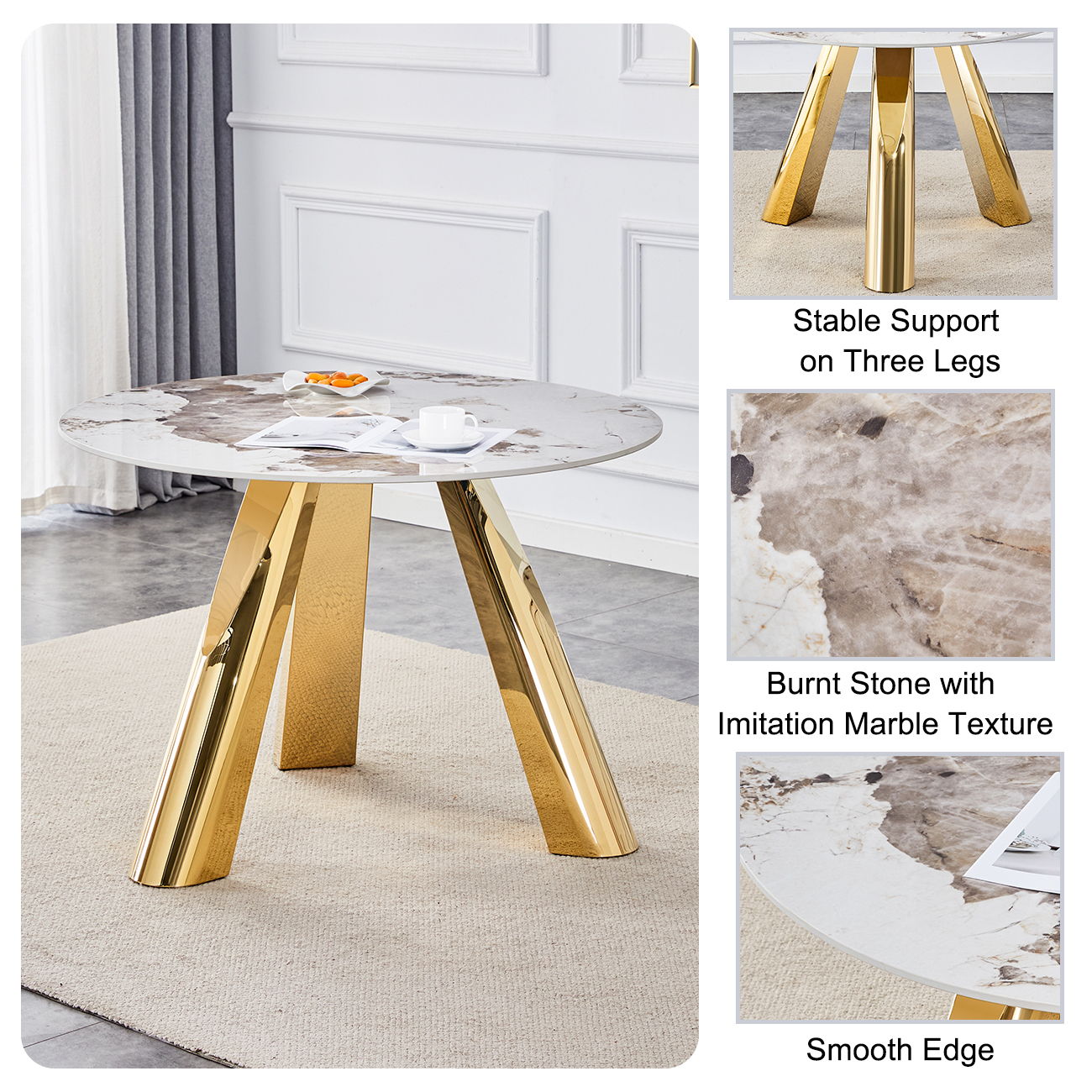 Stainless Steel Pattern Burning Stone Round Table Suitable For 2, 4 Or 6 People - Gold / White
