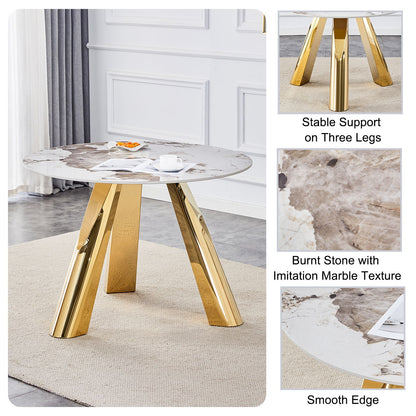 Stainless Steel Pattern Burning Stone Round Table Suitable For 2, 4 Or 6 People - Gold / White