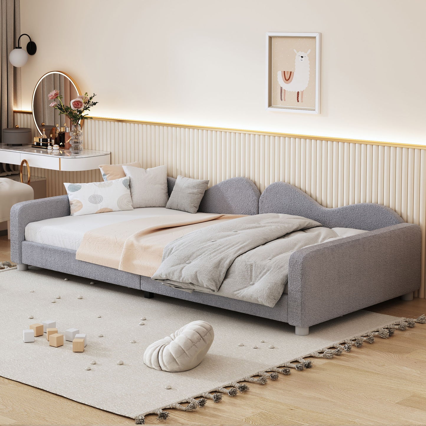 Twin Size Upholstered Daybed, Sherpa Fabric Sofabed With Cloud-Shaped Backrest, No Box - Spring Needed - Gray