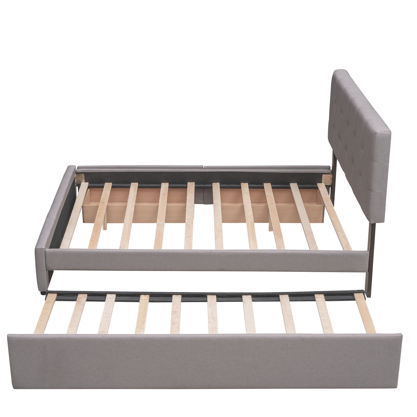 Queen Size Upholstered Platform Bed With 2 Drawers And 1 Twin Long Trundle - Light Gray