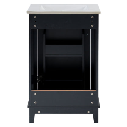 Modern Small Bathroom Vanity Cabinet With Ceramic Basin, Ample Storage, 1 Soft Close Door - Black