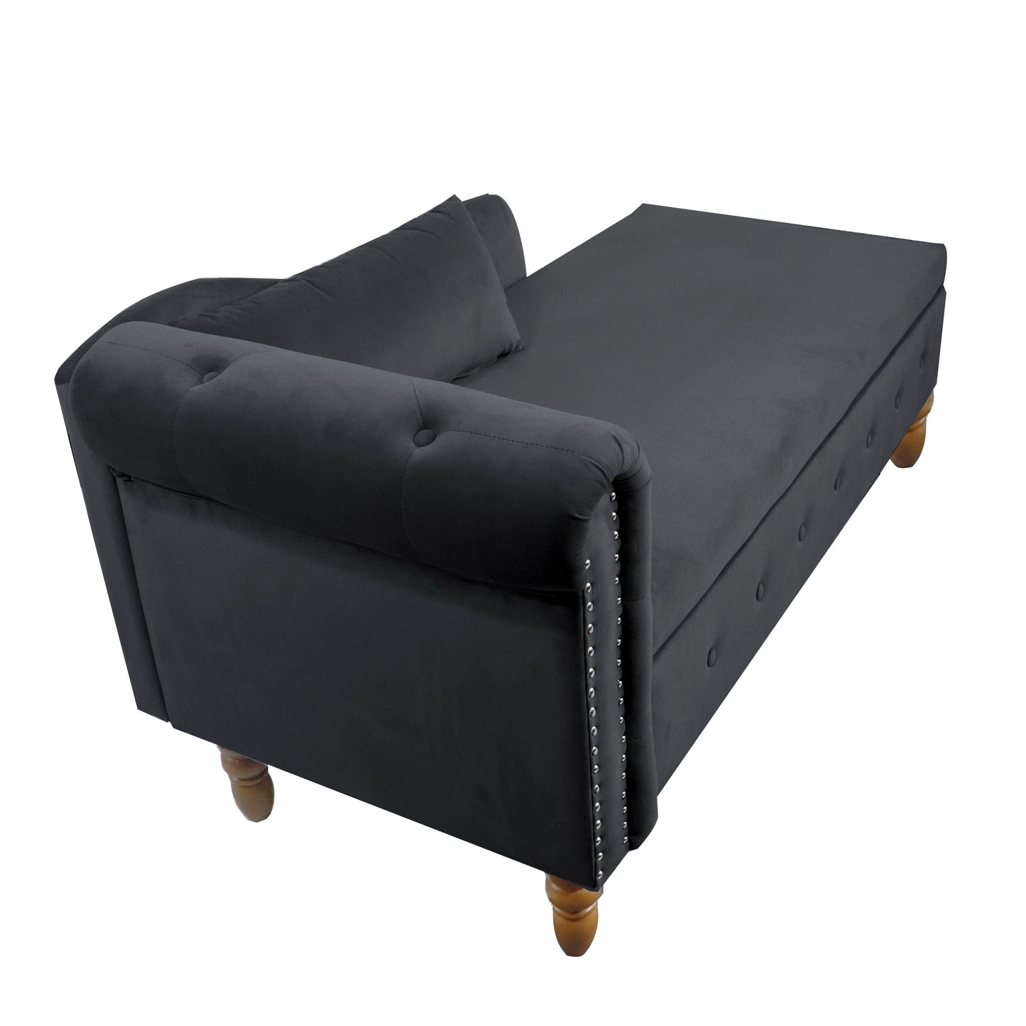 Chaise Lounge Indoor, Velvet Lounge Chair For Bedroom With Storage & Pillow, Modern Upholstered Rolled Arm Chase Lounge For Sleeping With Nailhead Trim For Living Room Bedroom Office - Black