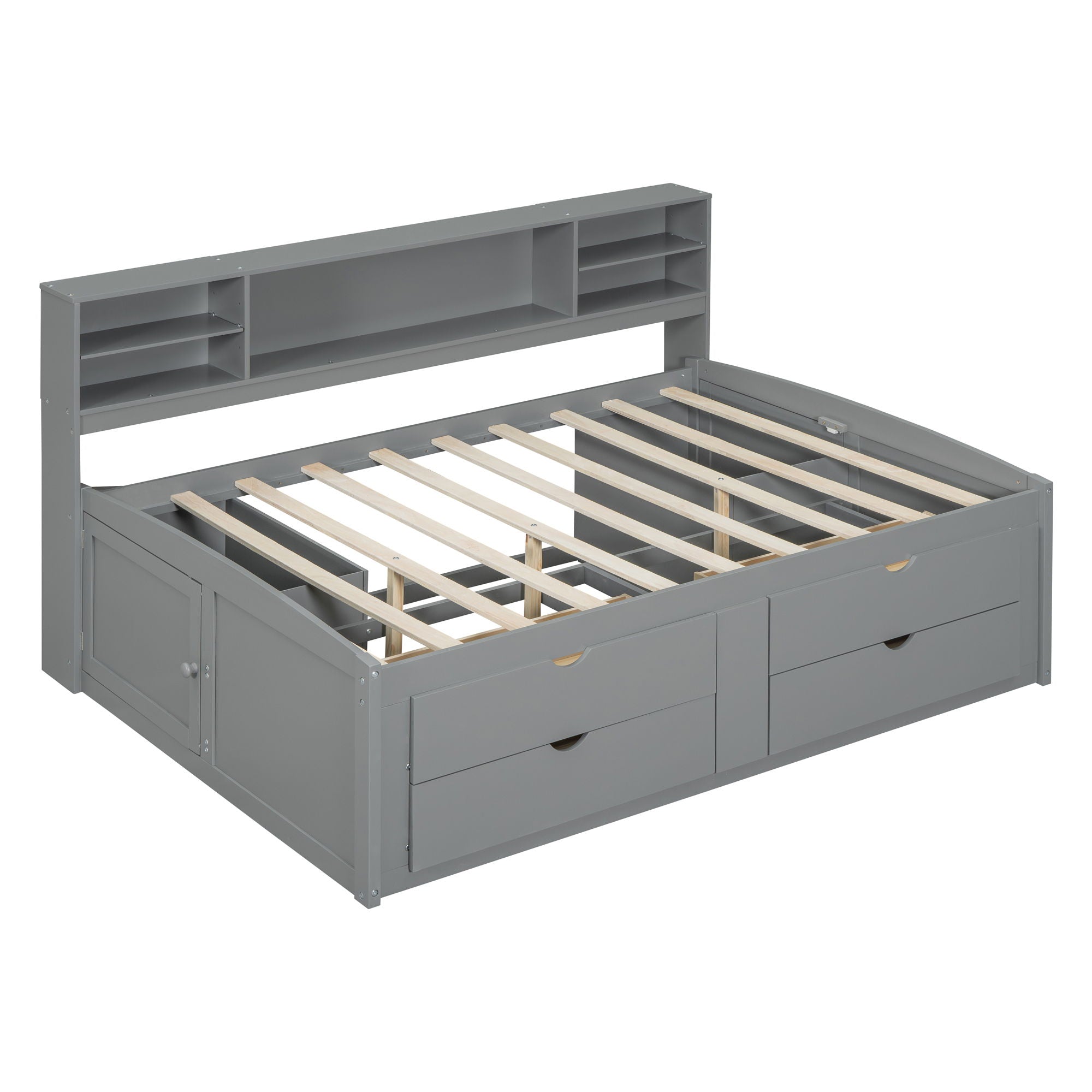 Full Size Daybed With 2 Bedside Cabinets, Upper Shelves And 4 Drawers - Gray