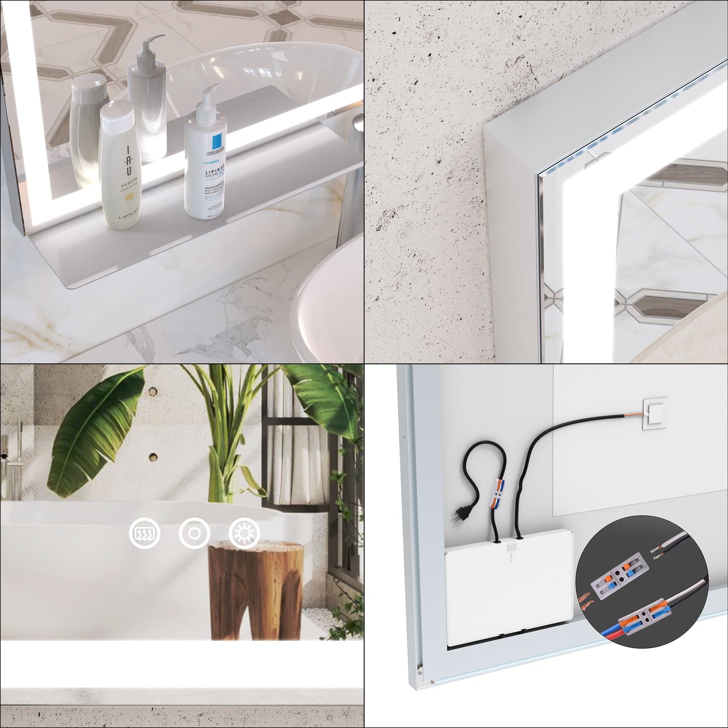 LED Bathroom Vanity Mirror, Wall Mounted Adjustable White / Warm / Natural Lights Anti-Fog Touch Switch With Memory Modern Smart Large Bathroom Mirrors - Silver
