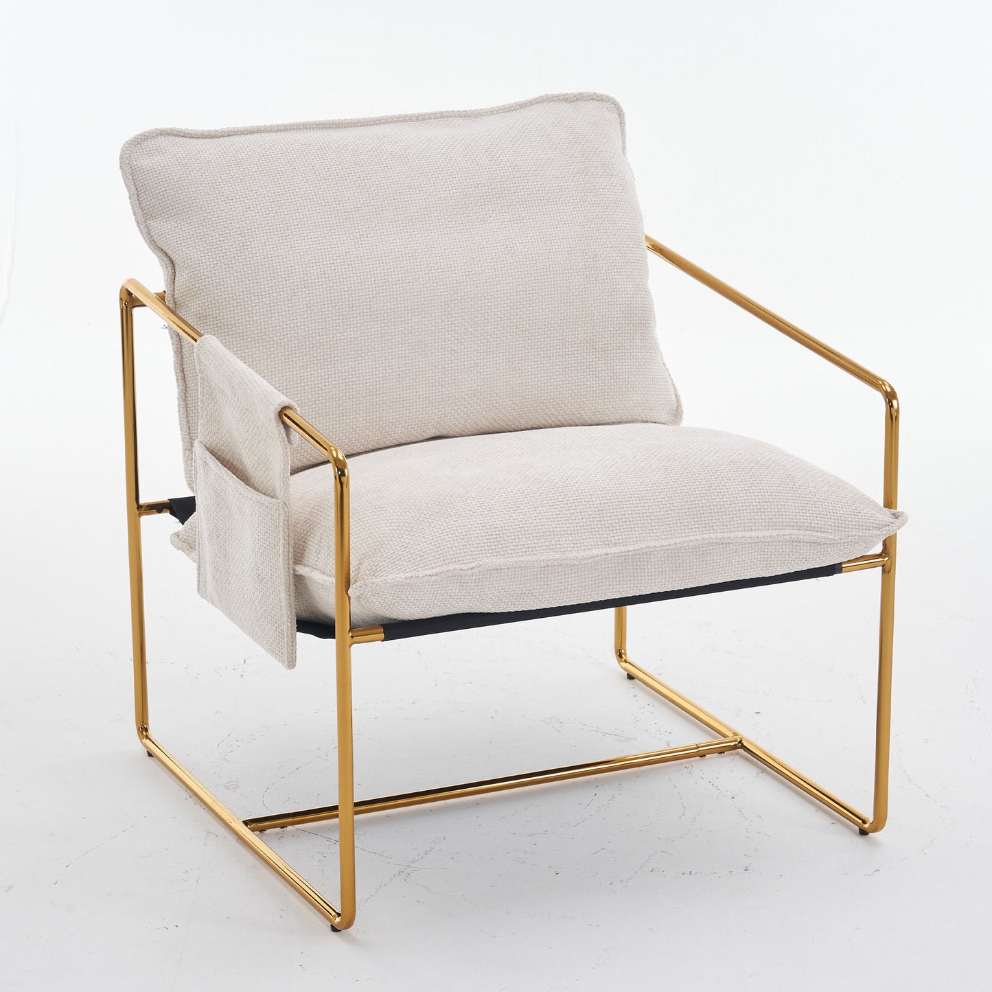 Upholstered Hanging Armchair With Arm Pocketsmetal Frame, Gold-Plated Craftsmanship, Crushed Foam Cushions And Skin-Friendly Woven Fabric For Living Room (Set of 2) - Beige