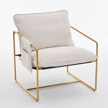 Upholstered Hanging Armchair With Arm Pocketsmetal Frame, Gold-Plated Craftsmanship, Crushed Foam Cushions And Skin-Friendly Woven Fabric For Living Room (Set of 2) - Beige