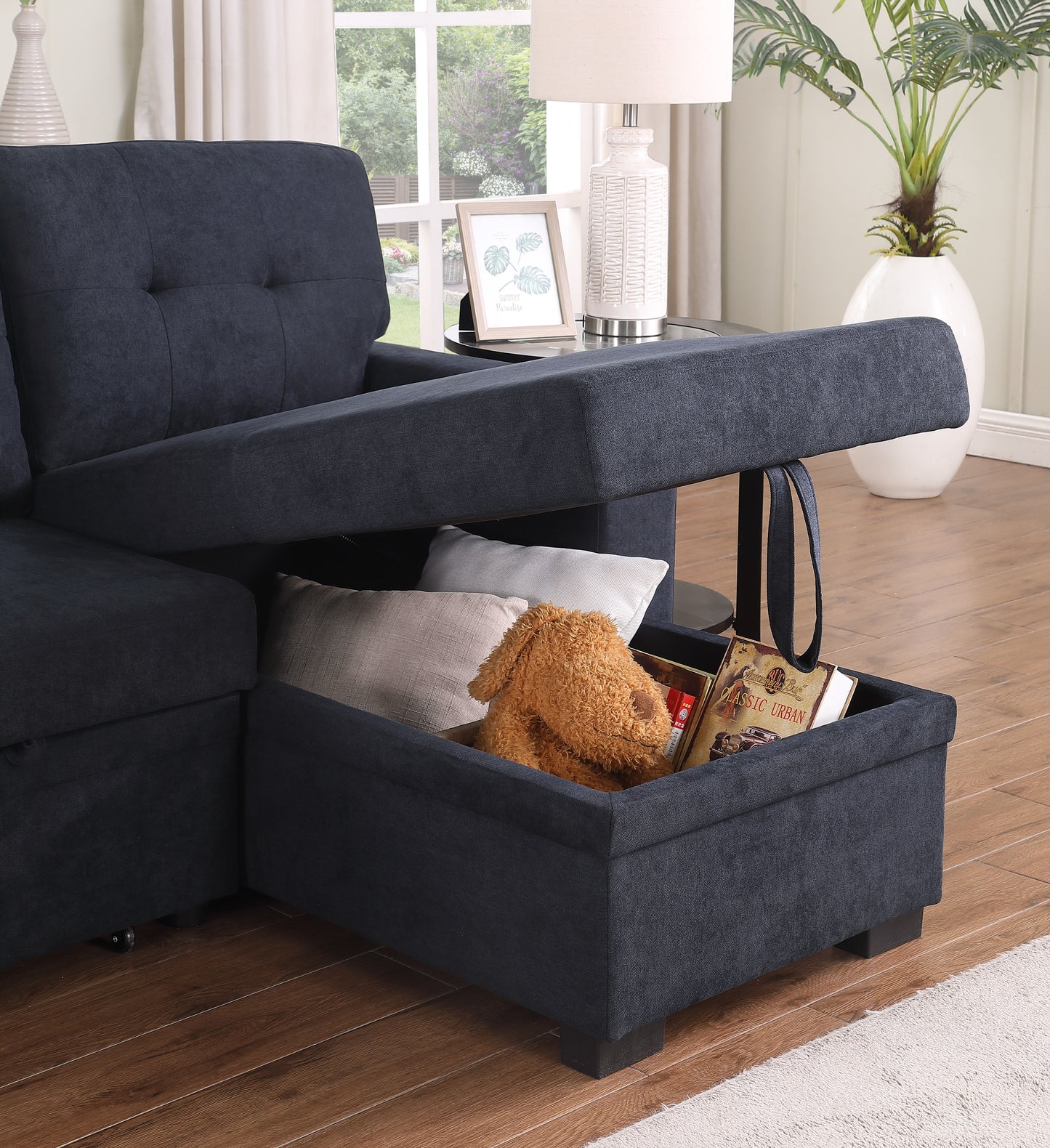 Lucca II - Woven Fabric Reversible Sleeper Sectional Sofa With Storage Chaise and Pocket Coil Seating - Dark Gray