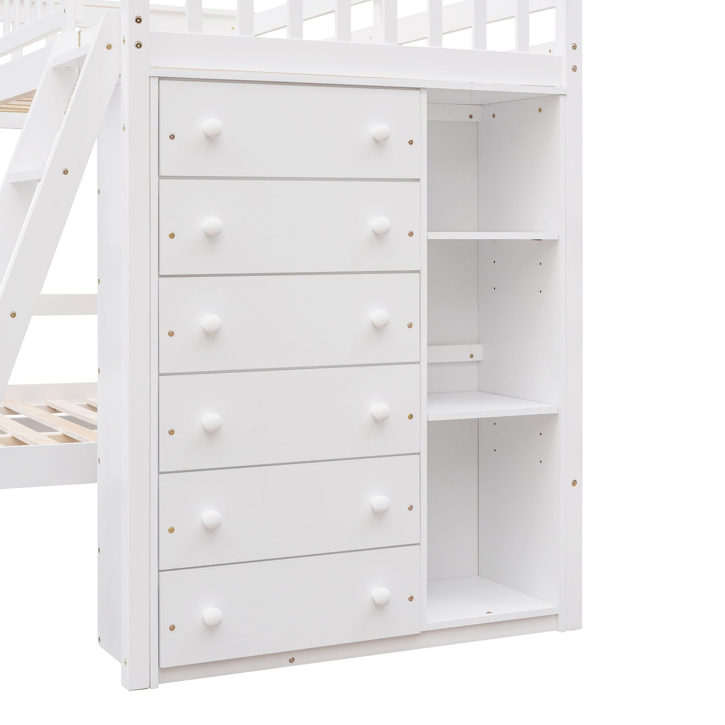 Twin Over Full Bunk Bed With 6 Drawers And Flexible Shelves, Bottom Bed With Wheels - White