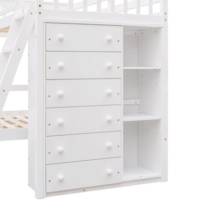 Twin Over Full Bunk Bed With 6 Drawers And Flexible Shelves, Bottom Bed With Wheels - White