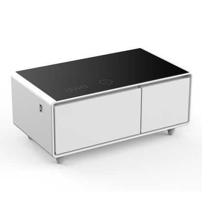 Modern Smart Coffee Table With Built-In Fridge, Bluetooth Speaker, Wireless Charging, Touch Control Panel, USB Ports, Outlet Protection, Atmosphere Light - White