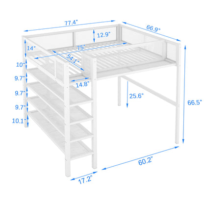 Full Size Loft Bed With 4 Tier Shelves And Storage - White