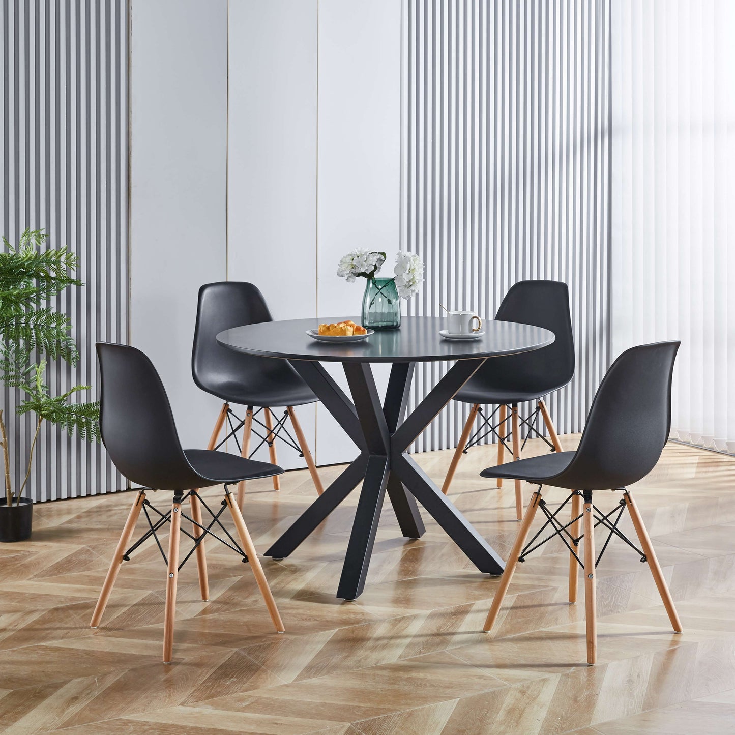 Table Mid-Century Dining Table For 4 - 6 People With Round MDF Table Top, Pedestal Dining Table, End Table Leisure Coffee Table, Cross Leg - Black