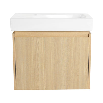 Modern 24" Bathroom Vanity With Ceramic Basin, Wall Mounted Floating Sink Combo, Wooden Storage Cabinet - Oak