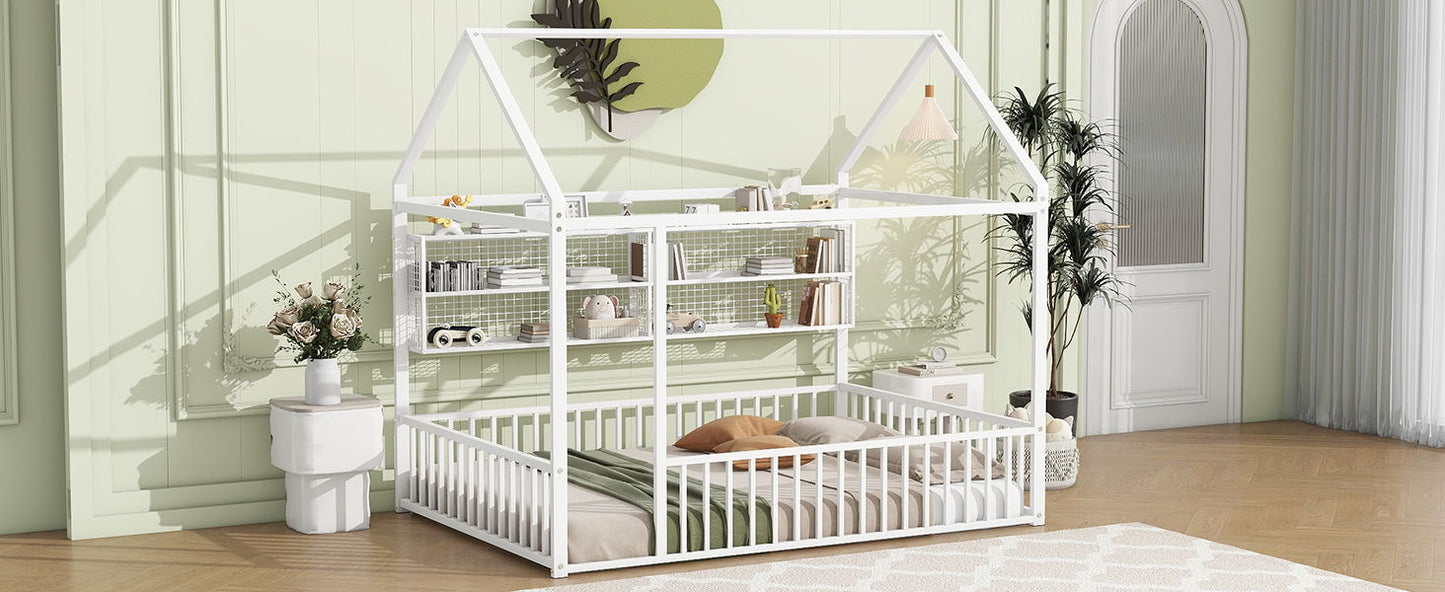 Full Size Bed House Frame With Fence And Shelves - White