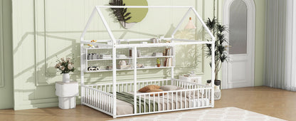 Full Size Bed House Frame With Fence And Shelves - White