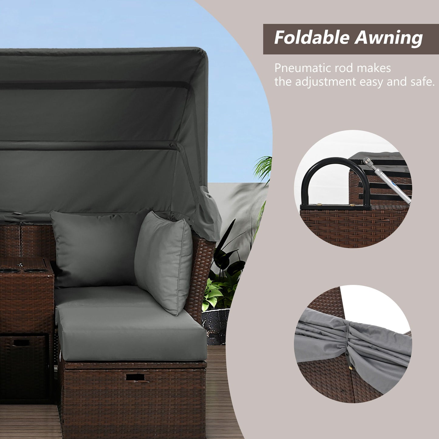 2 Seater Outdoor Patio Daybed Outdoor Double Daybed Outdoor Loveseat Sofa Set With Foldable Awning And Cushions For Garden, Balcony, Poolside - Gray