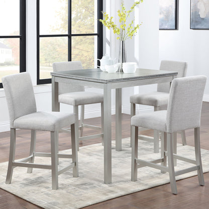 5 Piece Counter Height Table Set, Wooden Kitchen Table Set With Square Table And 4 Upholstered Chairs, Counter Height Dining Table With Crystal Decoration And Chair Set - Silver Gray