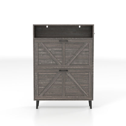 Farmhouse Shoe Storage Cabinet With Barn Door Design, 2 Flip Drawers, Hooks - Dark Oak