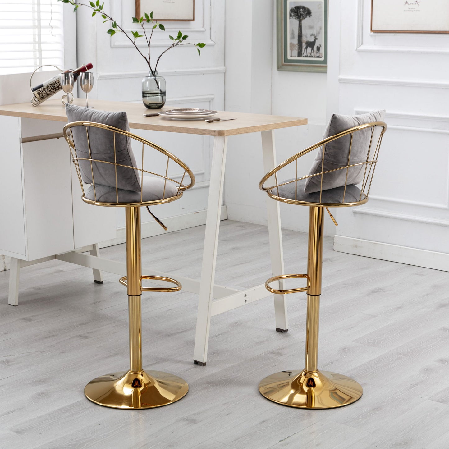 Velvet Bar Chair, Pure Gold Plated, Unique Design, 360 Degree Rotation, Adjustable Height, Suitable For Dining Room And Bar, (Set of 2) - Gray