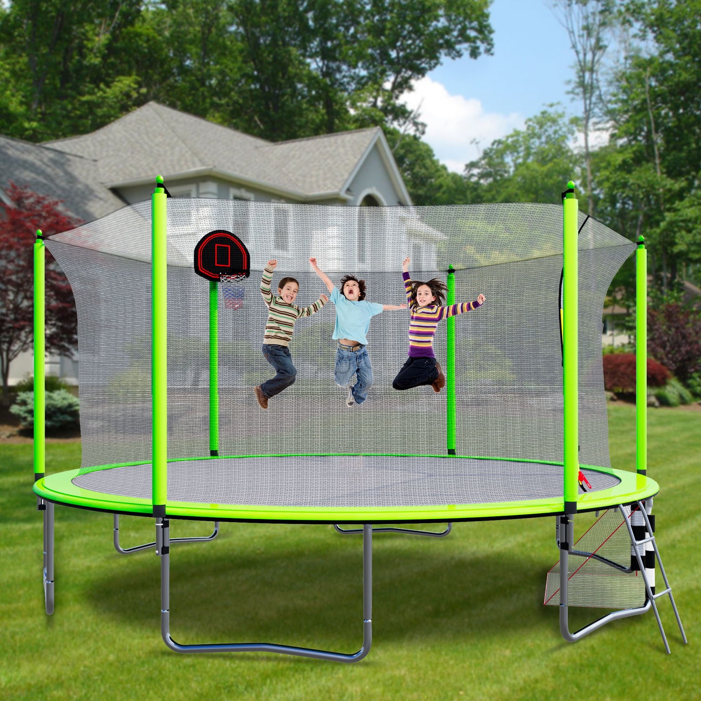 16Ft Trampoline With Basketball Hoop Pump And Ladder (Inner Safety Enclosure) With Soccer Goal - Green