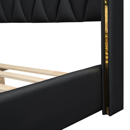 Full Size Upholstered Platform Bed With Strips - Black