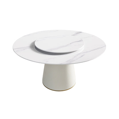 Modern Artificial Stone Round Plywood Base Dining Table, Can Accommodate 8 People, Artificial Stone Turntable (Not Including Chairs) - White / Beige