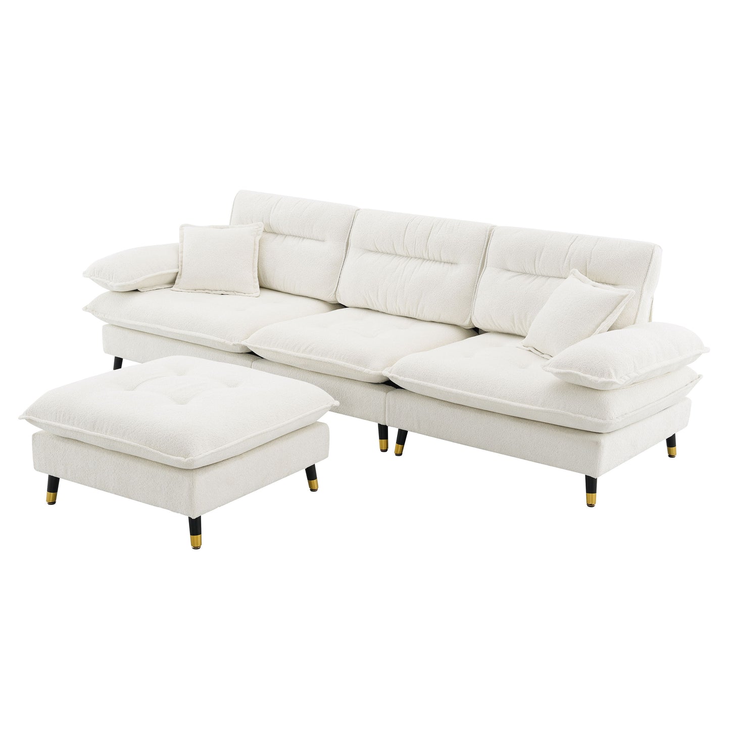 L Shaped Convertible Sectional Sofa 4 Seat Tufted Couch Set With Two Tone Adjust Legs Cloud Movable Ottoman - White