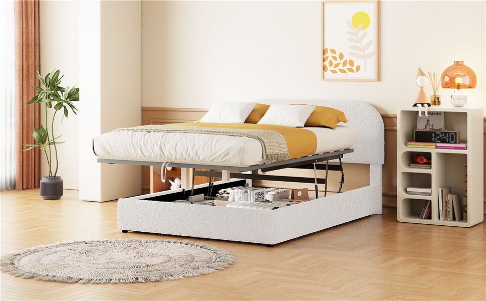 Full Size Upholstered Platform Bed With Hydraulic Storage System - White