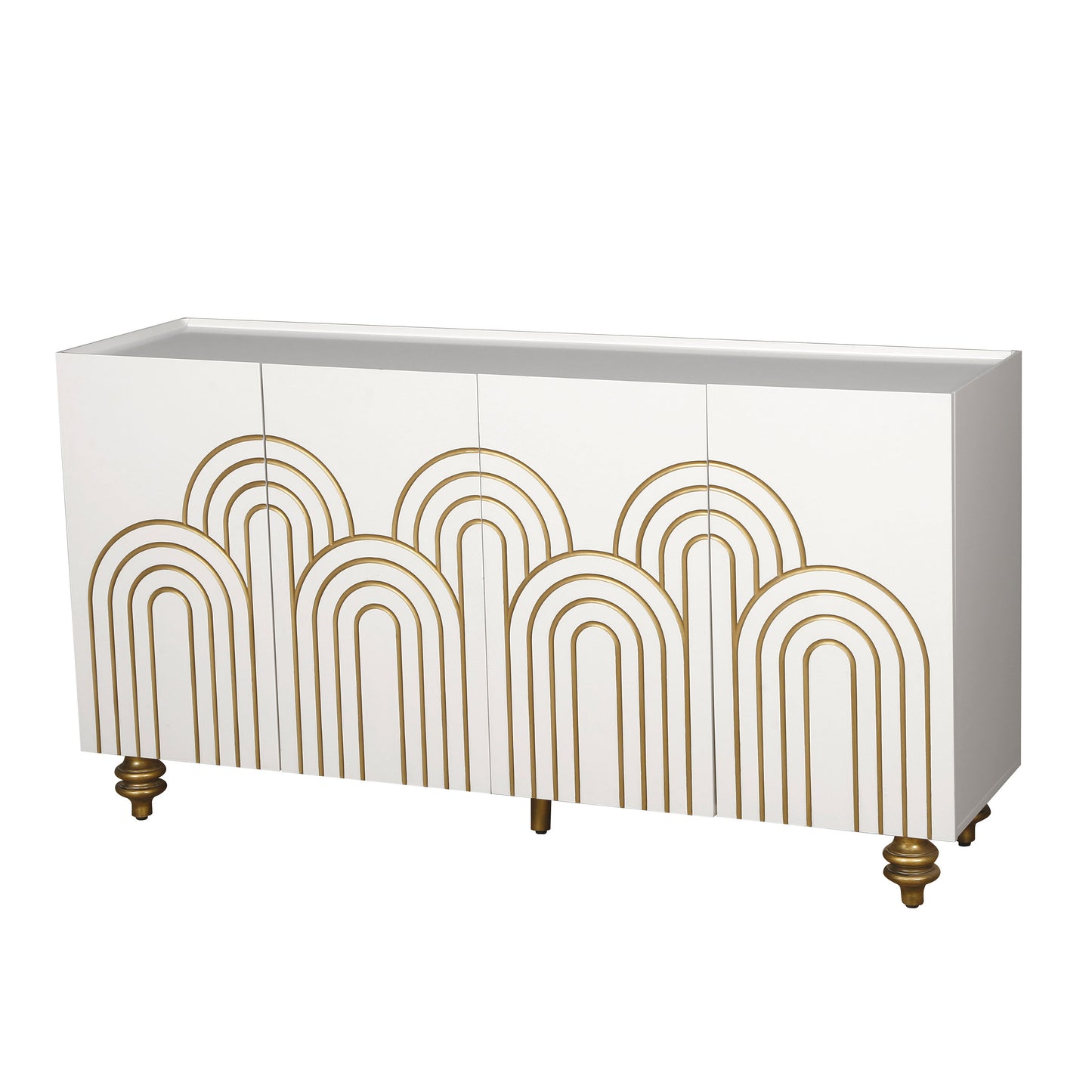 Modern Fluted Sideboard Buffet With Storage, Curve Element, 4 Doors With Adjustable Shelves - White