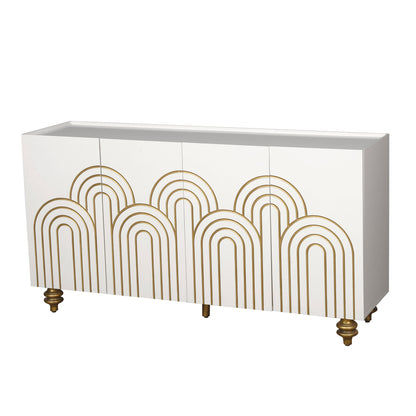 Modern Fluted Sideboard Buffet With Storage, Curve Element, 4 Doors With Adjustable Shelves - White