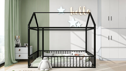 Twin Size Bed House Bed Frame With Fence - Black