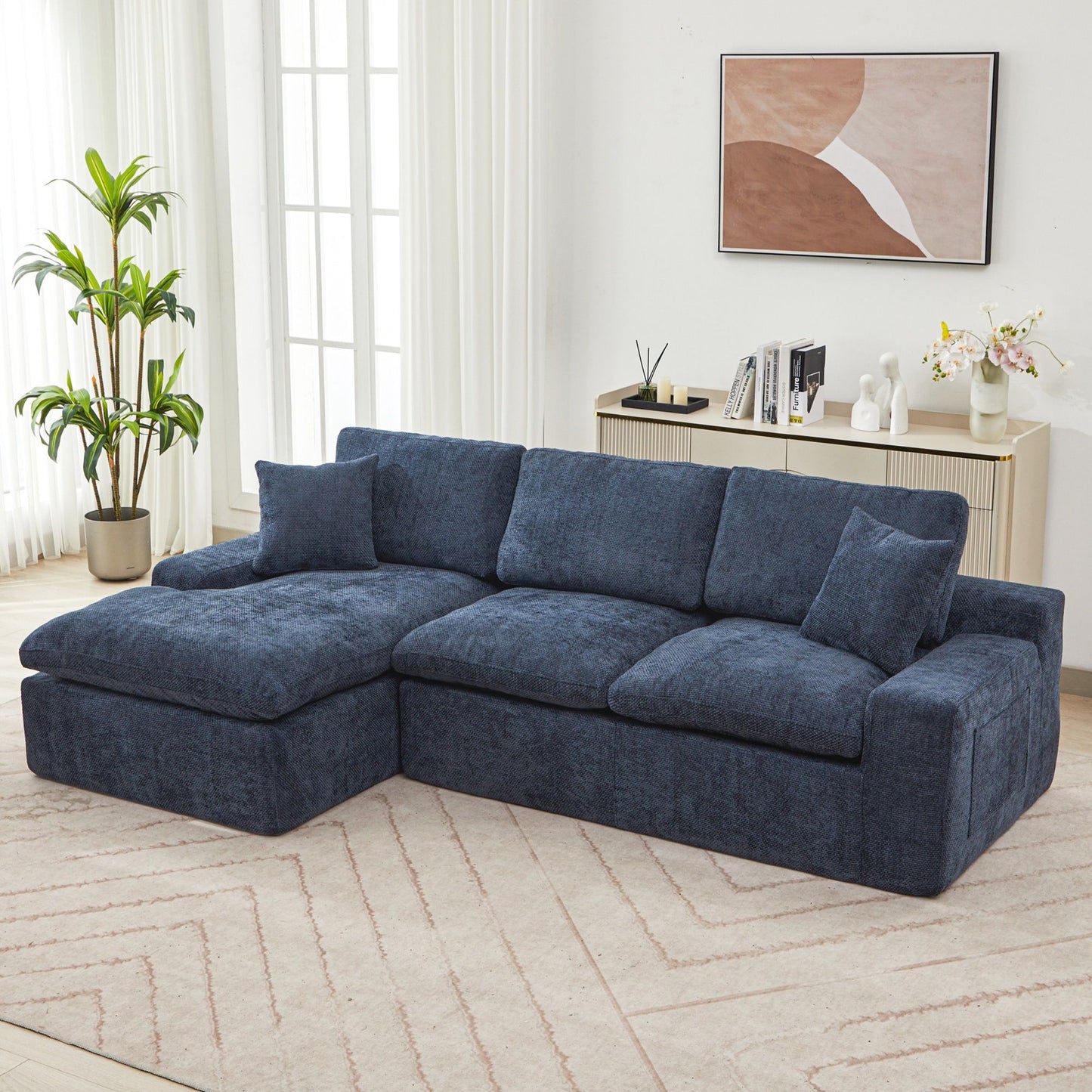 Cloud Sectional Sofa Upholstered Sofa Couch With Double-Layer Cushion And Side Pockets - Blue