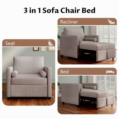 3 In 1 Convertible Sleeper Chair With Adjustable Backrest, Lounger Chair Turns Into Bed, Single Bed For Living Room, Linen - Tan