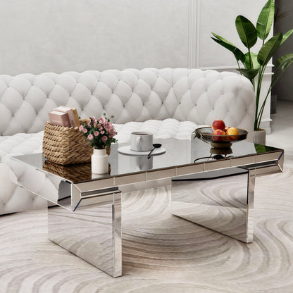 Luxury Rectangular Mirror Coffee Table With Fluted Tempered Glass, Light Luxury Style - Silver