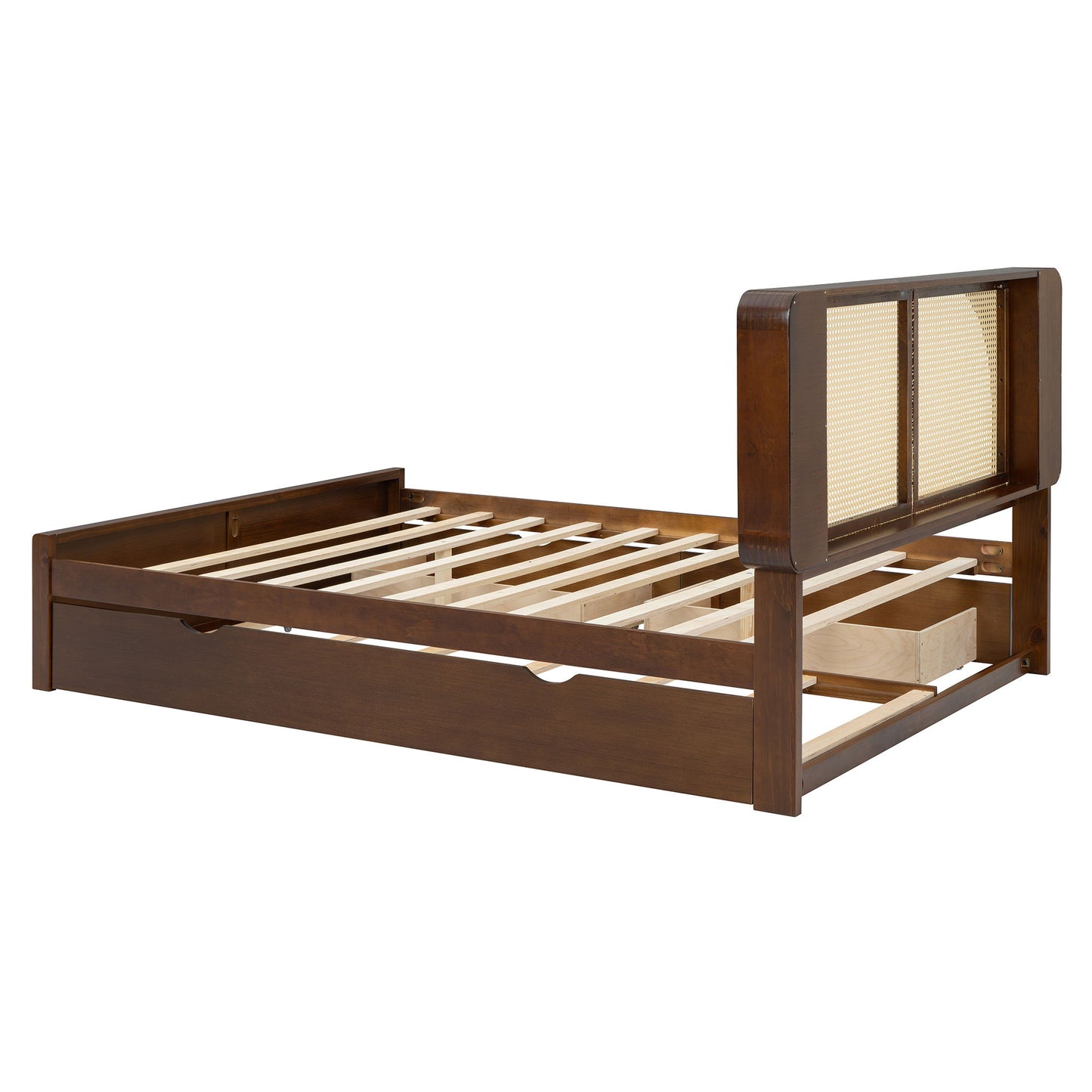Queen Size Headboard Bed With 2 Drawers And Trundle Walnut