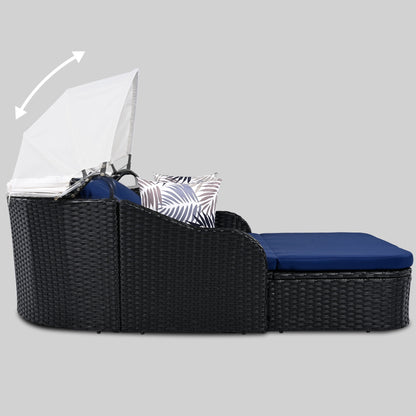 Outdoor Sunbed With Adjustable Canopy, Double Lounge, Daybed - Black / Blue